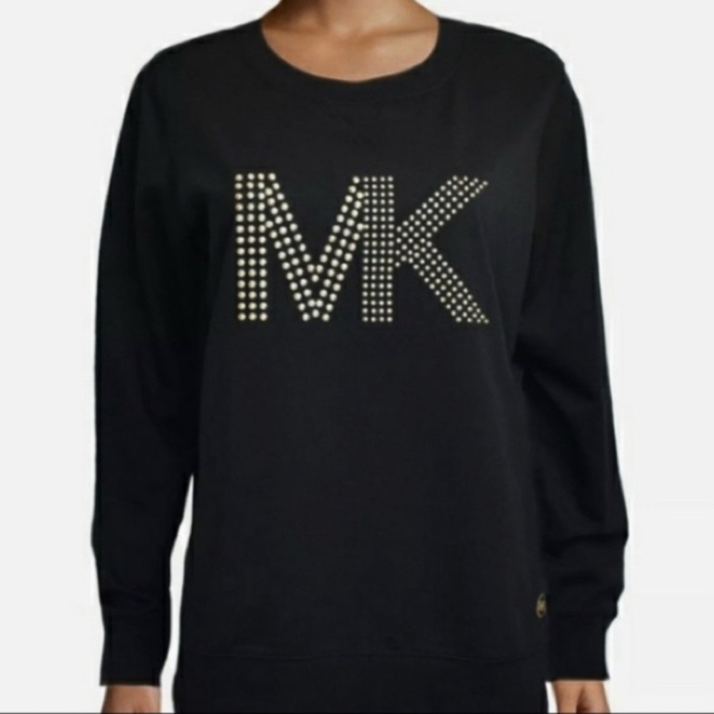 Michael Kors Sweatshirt MK Logo Gold Studded Long Sleeve T Shirt Black Womens